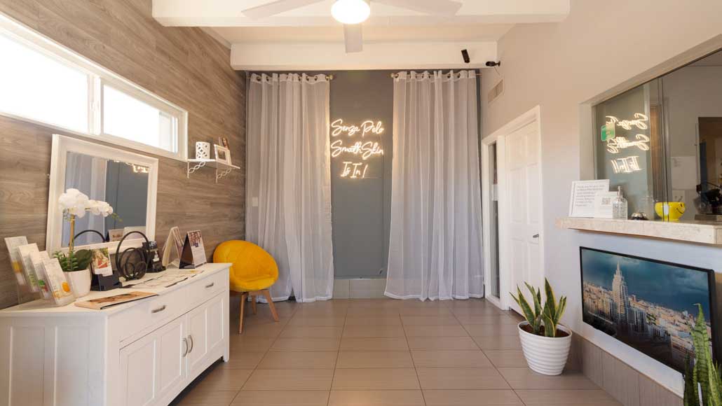 Clean, professional medical spa treatment room with neutral tones at Senza Pelo Med Spa in Phoenix